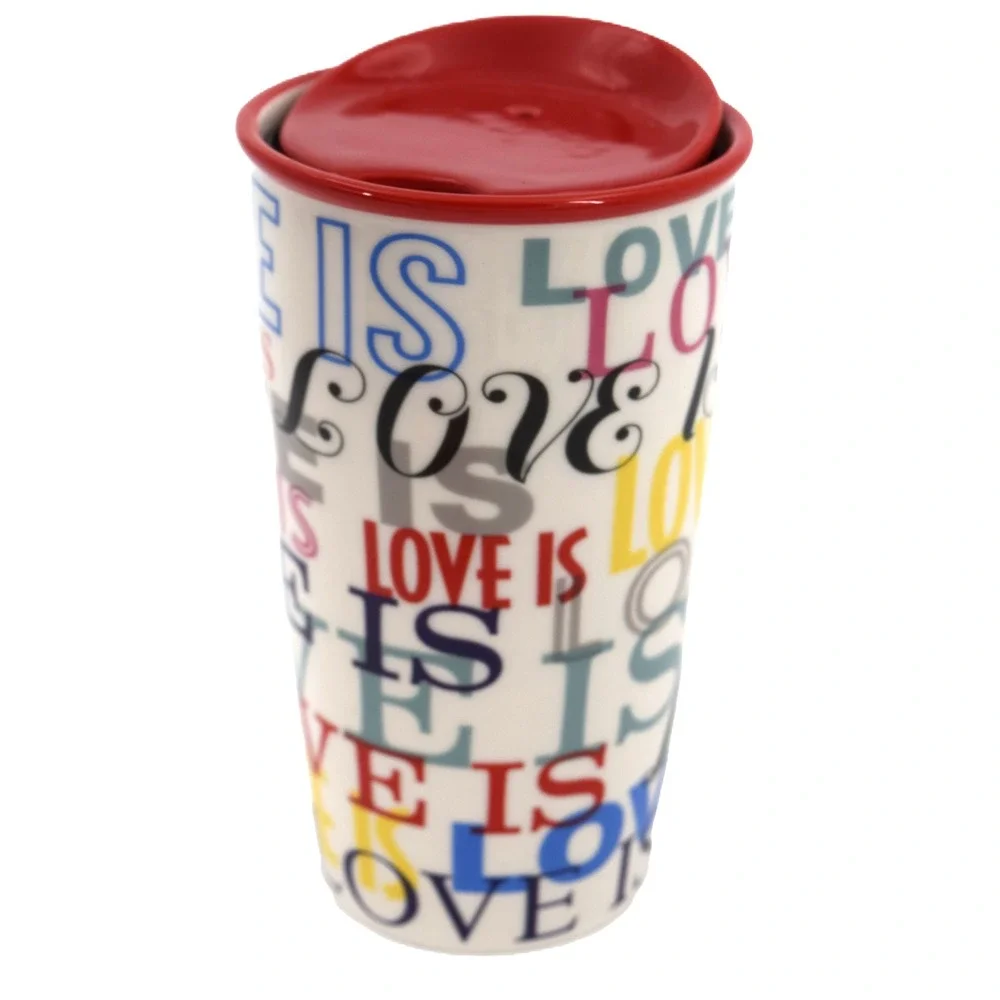 Starbucks Travel Tumbler Unisex 12oz White Love Is Typography Excellent Ceramic